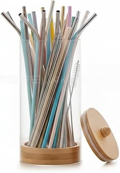 VALICLUD Transparent Straw Organizer with Lid Acrylic Straw Holder for Counter Space Saving Organizer for Reusable Straws Pens Makeup Brushes Cabinet Kitchen Storage 6.69 X 3.14 X 3.14 in