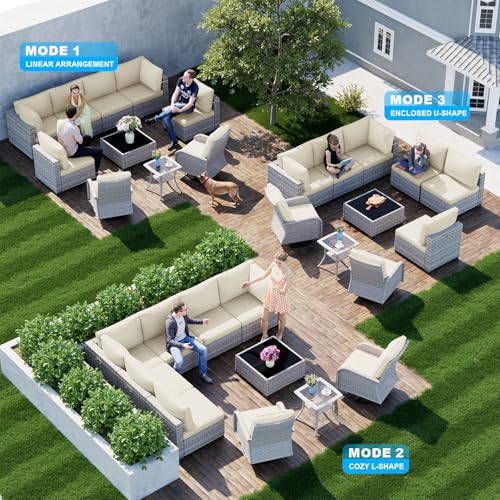 Image of Outdoor PE Wicker Rattan Modular Patio Sectional Sofa Set | 10-Piece: 6 Modular Seats, Coffee Table, 2 Swivel Rocking Chairs & Side Table, Ivory