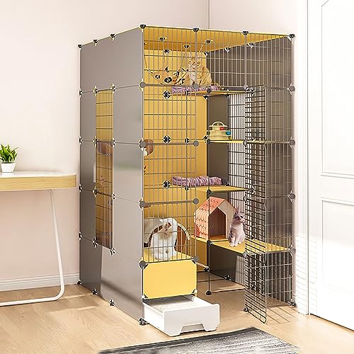 猫ケージ 屋内用、トイレ付き大型猫ケージ DIY 猫 ベビーサークル 猫囲い 取り外し可能なワイヤー 犬小屋 クレート 小動物ケージ、猫に最適な大きな運動場所(111x141x183cm)