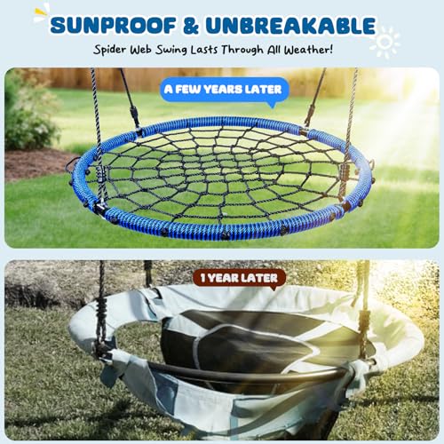 Image of Trekassy 750lbs 40 inch Spider Web Saucer Tree Swing for Kids Adults, Outdoor Net Swing with Steel Frame and 2 Hanging Straps-Blue (Patented)