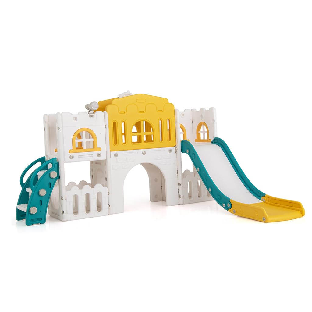 GYMAX 8 in 1 Kids Slide Set, Toddler Climber Playset with Slide, Basketball Hoop, Telescope, Peek-a-Boo Window, Crawling Tunnel & Storage Space, Indoor Playground for 1-3 Years Old