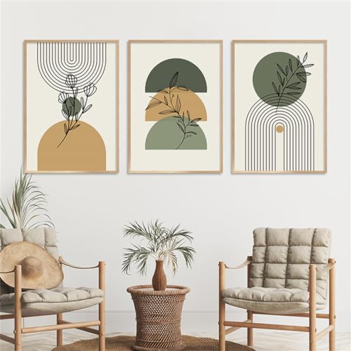 Affiche abstraite géométrique verte pour un salon bohème chic | Set de 3 toiles 50x70 cm