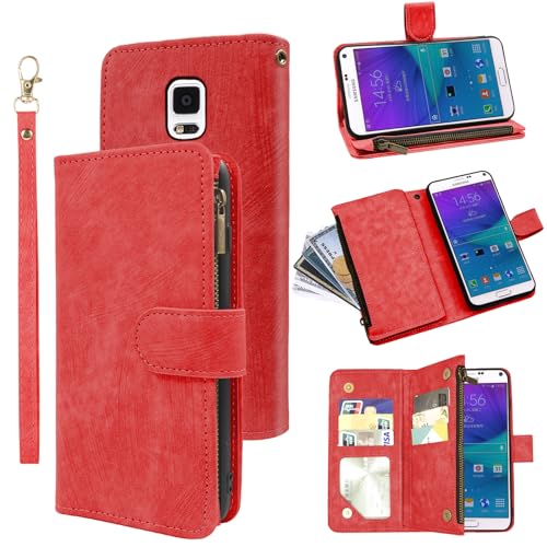 Compatible with Samsung Galaxy Note 4 Wallet Case and Premium Vintage Leather Flip Credit Card Holder Stand Cell Accessories Phone Cover for Glaxay Note4 Gaxaly N910A Not Notes Four Women Men Red