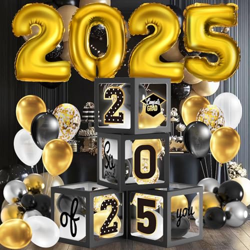 Graduation Decorations 2025 Black Gold Balloons Boxes with Letters Congrats Grad 2025 & So Proud of You Class of 2025 Graduation Party Decorations For Any Grades