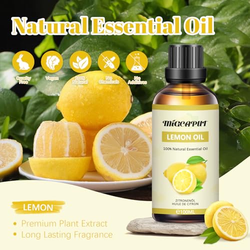 Migcaput Ätherische Zitronenöl 100ml, Kaltgepresst aus Zitrone, 100% Naturrein Lemon Oil für Diffuser, Luftbefeuchter, Aromatherapie, Raumduft, Seifen, Kerzenherstellung