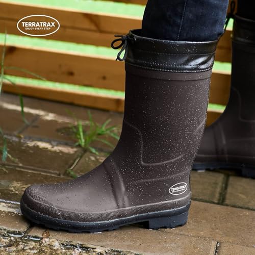 Image of Men's Natural Rubber Rain Boots - Mid Calf Waterproof Mud Boots for Gardening, Fishing & Farming, Lightweight Anti-Slip Deck Shoes, Hands-Free Removal