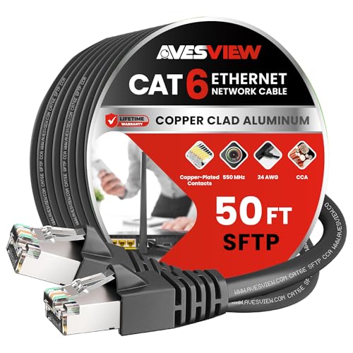 AvesView CAT 6 Shielded 50 ft Ethernet Cable, Indoor High-Speed (SFTP) 10Gbps Snagless Shielded Ethernet Cable 50 ft for Internet, Router, Computer, PlayStation, Xbox, POE Camera, Printer - Black