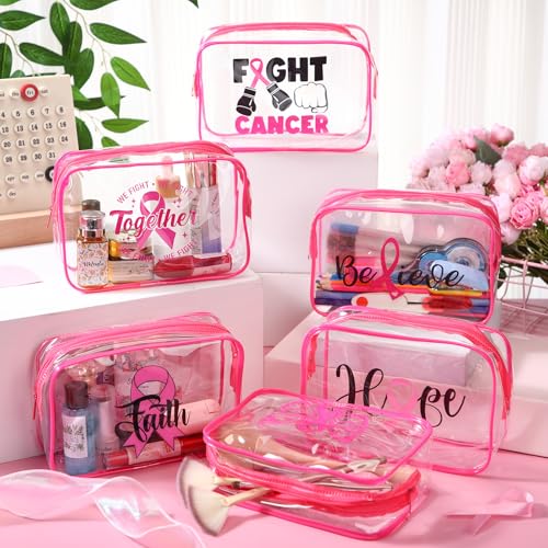 Frienda 24 Pcs Breast Cancer Awareness Makeup Bags Pink Ribbon Cosmetic Bags PVC Clear Breast Cancer Survivor Gifts Bulk Hope Faith Believe for Women Girls Charity Public and Social Event Supplies4