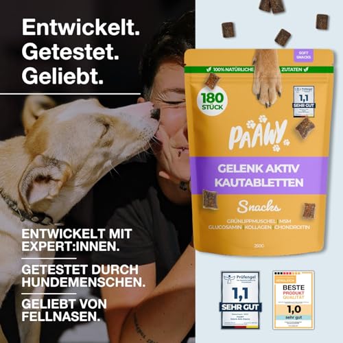 Gelenktabletten für Hunde von Paawy - Test SEHR GUT deutsche Marke - als Snacks mit Grünlippmuschel, MSM, Glucosamin, Chondroitin - sehr hohe Akzeptanz, natürlich, laborgeprüft - 180 Stück