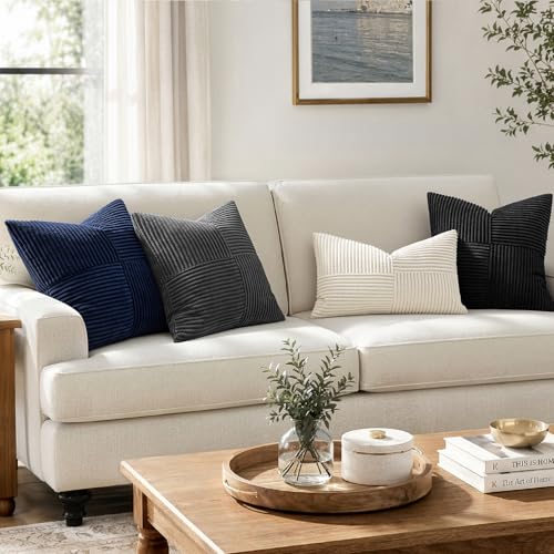 Image of MIULEE Black Decorative Throw Pillow Covers 16x16 Inch for Couch Bed Sofa Pack of 2 Boho Farmhouse Throw Pillows Soft Cross Corduroy Patchwork Textured Cushion Cases