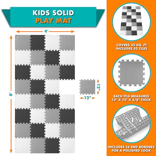 Image of ProSource Baby Play Mat, Soft Foam Floor Tiles for Kids, Interlocking EVA Panels for Playpen Use, Crawling Development Surface, Safe Non-Toxic Toddler Flooring, 32 Tiles, Black /Gray /White