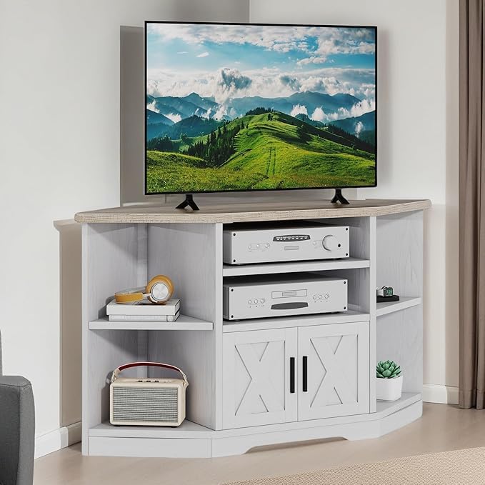 Assembled DWVO Farmhouse Corner TV Stand with a television on top, positioned in a room corner.