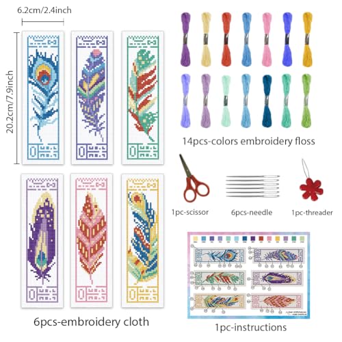 INFUNLY 6PCS Colorful Feather Cross Stitch Bookmark Kit for Adults 8.66"×3.15" Feather Pattern Boho Embroidery Bookmark Kit Ethnic Counted Cross Stitch Kit with Instruction for Book Lovers DIY - Image 2