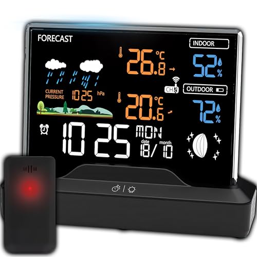 Retoo Stazione Meteo Wireless con Sensore Esterno, Termometro Igrometro Barometro, Display LCD, Previsioni, Fasi Lunari, Orologio Radiocontrollato, Sveglia, Nero