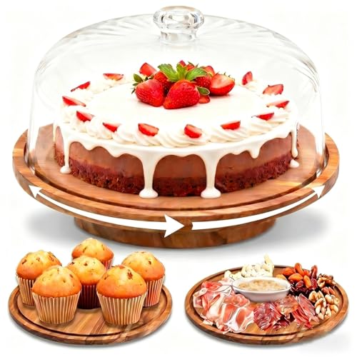 cutesun acacia wood cake stand with lid, 11.8'' Rotating Cake Stand with Dome, Shaterproof 10.4'' Acrylic Cake Display Cover, Cake Holder Tray for Wedding Gift,Kitchen,Birthday,Parties,Baking Gifts