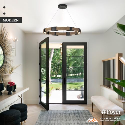 Image of LED Ring Chandelier Dimmable Black Wood Chandeliers for Dining Room