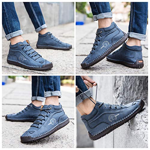 Mens Casual Shoes Slip On Loafers Leather Chukka Ankle Boots Fashion Shoes Hand Stitching Lace-Up Oxford Shoes Walking Shoes Blue, Size Us6.5 #TOP5