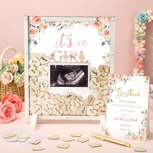Image of 65 Pcs Baby Shower Guest Book Alternatives Baby Shower Sign in Guest Book Decorations It's a Girl Floral in Bloom Decorations with Photo Frame and 60 Wood Slices Keepsakes Gifts for Guests