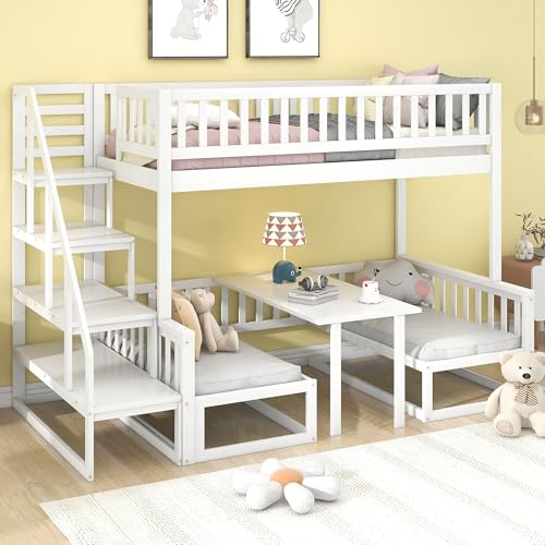 Litera que ahorra espacio con mesa ajustable con escalera con sofá de madera estructura de pino