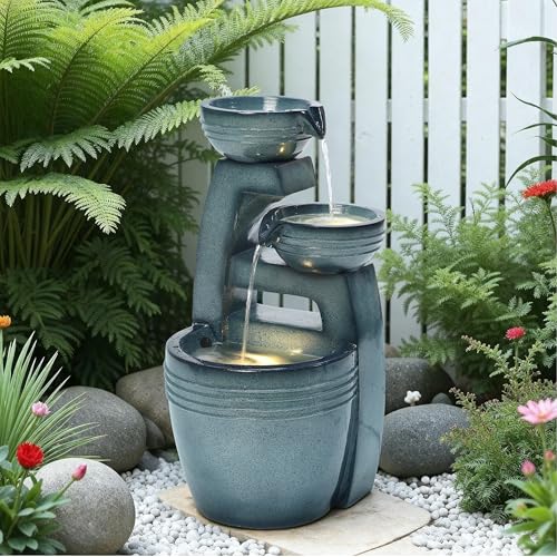 Image of Serenity Tiered Ceramic Effect Water Feature with LED Lights Self-Contained Indoor Outdoor Fountain Relaxing Cascading Water