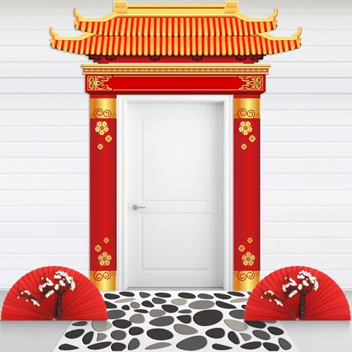 Haull Japanese Hibachi Party Decorations Asian Chinese Decor Supplies Includes Door Banner Carpet Paper Fans Plum Blossom for Japanese Chinese Asian Birthday Party Photo Backdrop Decorations Supplies