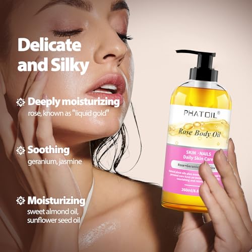 Image of PHATOIL Rose Body Oil with Pump, 260 ml (8.8 fl.oz) Premium Quality Massage Oil for All Skin Types, Blends of Natural Plant Oils and Essential Oils, Rose Oil Scented Body Oils for Women and Men