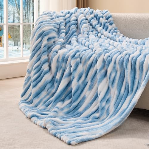 Image of BEDELITE Ribbed Twin Blanket for Couch & Bed, Blue&White, 60 inchx80 inch | Ultra-Soft Plush Fleece, Cozy, Warm Yet Lightweight, Ribbed Texture, Home Decor, Machine Washable, Giftable, All-Season Use