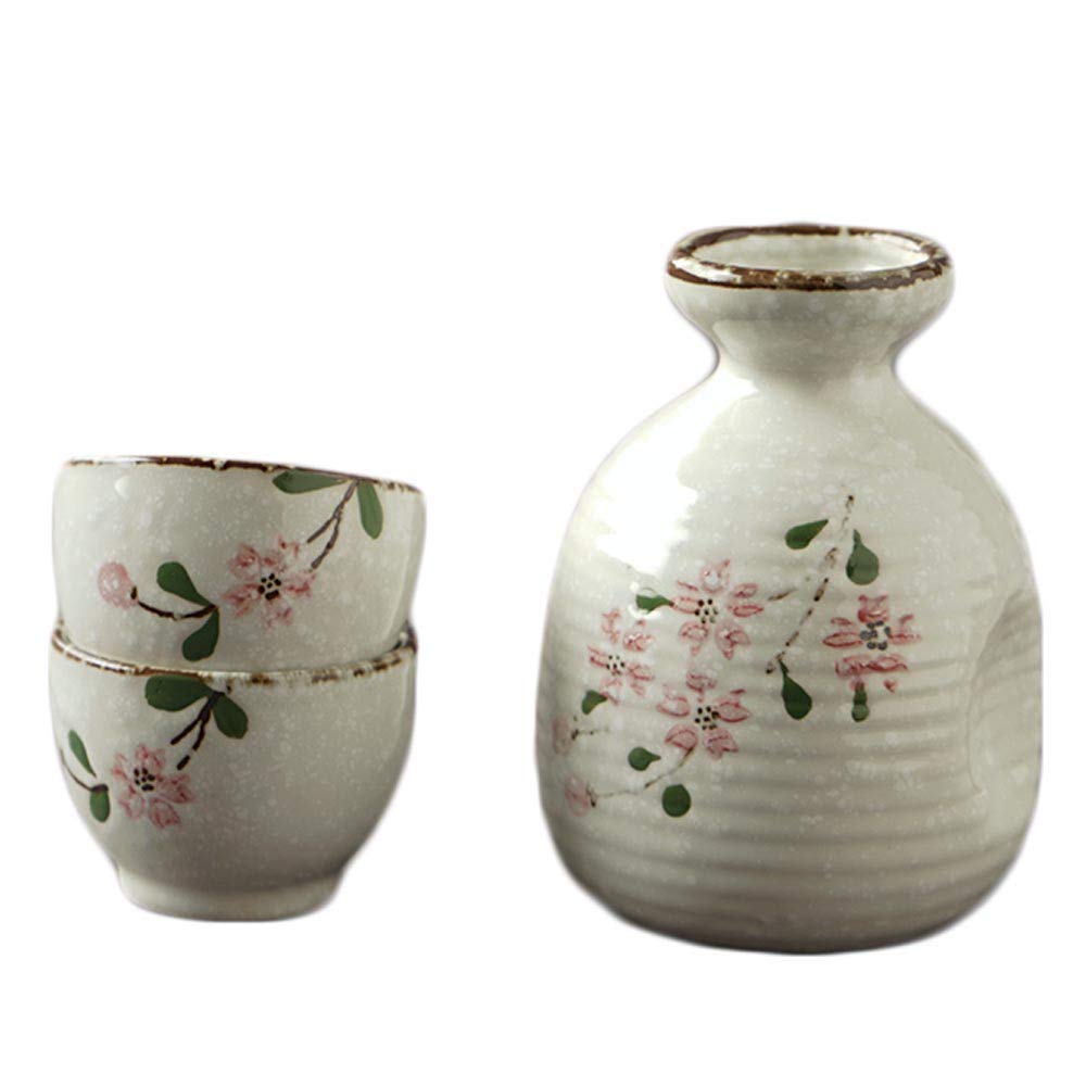 Juego de Sake japonés de 3 Piezas, Juego de Tazas de Sake de Sakura Pintado a Mano, Esmalte de Copo de Nieve de cerámica, para frío/Calor/Shochu/té Familiares y