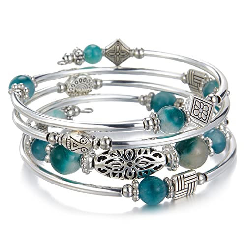 BULINLIN Beaded Silver Bangle Wrap Bracelet for Her Layered Bohemian Bracelets with Natural Stone Jewellery Gifts for Women Ladies (Jade Green)