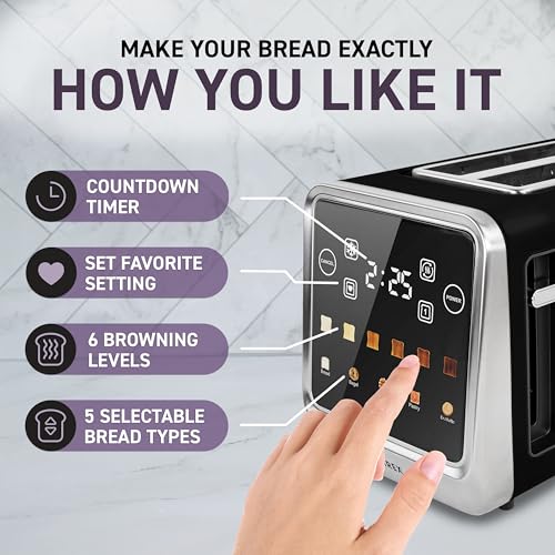 Image of Inspirex Touch Screen Toaster - 4 Slice, 2 Extra Long Slots - 5 Bread Types and 6 Browning Levels - Defrost, Reheat, Favorite, & Single Slot Modes - For Toast, Bagels, & Waffles - Black