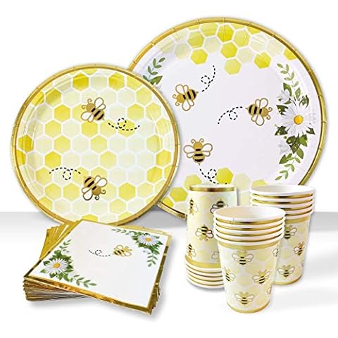 Bumble Bee Tableware Party Decorations | Paper Plates, Napkins, Beverage Cups | Baby Shower Gender Reveal Neutral Supplies, Birthdays and Weddings, Honeycomb, Yellow Floral, Gold Foil, Serves 16 Cover