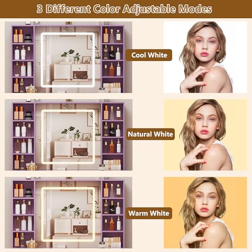 Image of Purple Vanity Desk with Mirror and Lights, Glass Top Vanity with Lighted Mirror & RGB Cabinet and 3 Drawers, Dressing Table with 8 Shelves, Makeup Desk with Lights for Girls Bedroom, 3 Color Modes