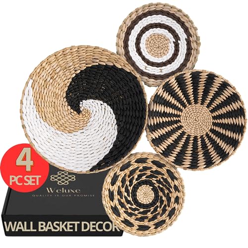 Wall Basket Decor Set of 4 - Black, Brown & White - Woven Macrame Wall Baskets - Hook Attached for EASY Hanging - Boho Wall Decor for Farmhouse Style - Rattan baskets