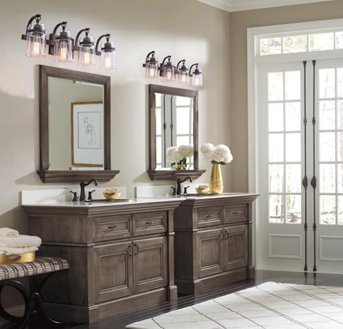 Image of 4 Light Bathroom Vanity Light, Oil Rubbed Bronze Bathroom Light Fixtures Over Mirror, Farmhouse Vanity Light with Clear Glass Shade