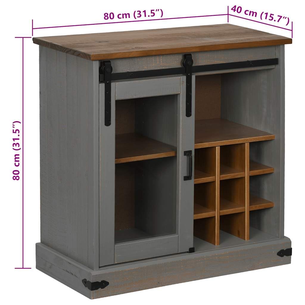 Credenza Halden in legno massello di pino grigio, 80 x 40 x 80 cm | Mobiletto compatto con anta scorrevole e 9 ripiani per vino in legno massello di pino per corridoio, cucina e soggiorno.