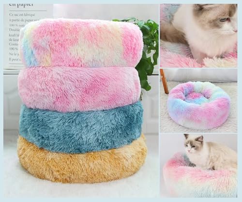 Image of ZEXSAZONE Winter Calming Dog Bed & Cat Bed for Indoor Cats Medium Size Washable Anti-Slip Anti-Anxiety Donut Mat for Small Dogs & Fluffy Plush Cozy Round Dog Bed (Small Rainbow)