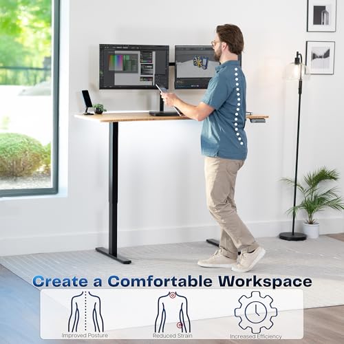 Image of VIVO Real Bamboo 60 x 24 in Standing Desk, DESK-KIT-1B6O | Electric, Holds 220 lbs, Sit Stand, Height Adjustable, Solid One-Piece Table Top, Memory Presets, 1B Series, Black Frame