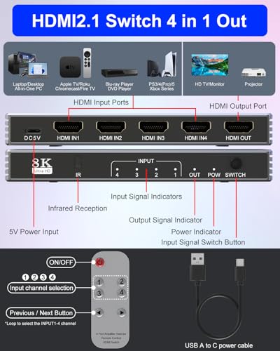 Image of Hdmi Switcher 4 in 1 Out - New 8K@60Hz 4K@240Hz /144Hz /120Hz HDMI Splitter with Remote Support 3D /HDR /HDCP2.3, for PS5 /4 Xbox Nintendo Switch Roku Apple TV Fire Stick 4 Port 8k HDMI2.1 Switch
