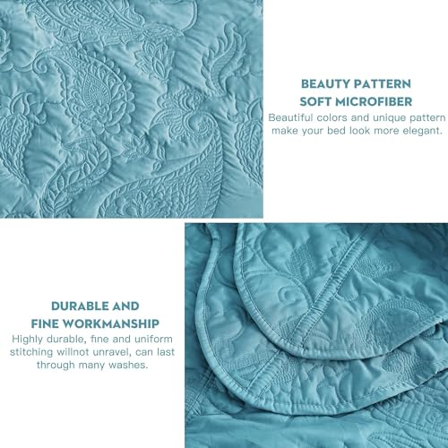 Image of HZ & HY Oversized King Bedspread 128x120 Extra Wide, Stitched Paisley Quilt Set King /Cal King, Lightweight Reversible Coverlet, Scalloped Edge - Fresh Blue Classic Look, 5 Piece, Blue