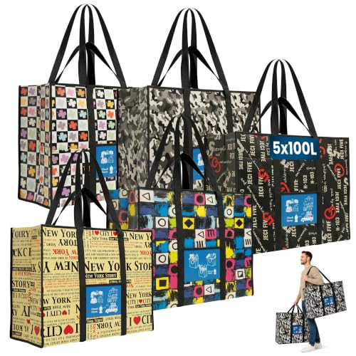 5er-Set XXL Umzugstaschen 100L mit Rucksackfunktion & verstärkten Griffen extrem robuste Kleidertaschen für Bettdecken Wäsche. Aufbewahrungstasche für Camping Reisen & Sport | Claudi Home