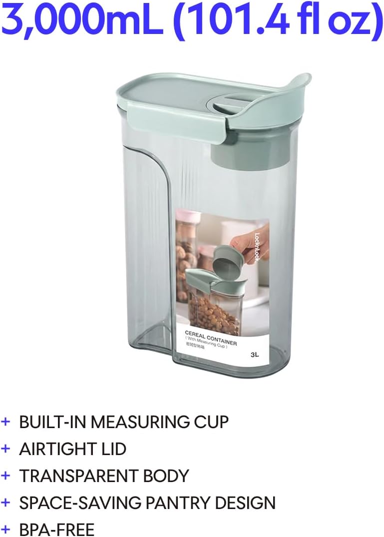 LocknLock Pantry Storage Container with Measuring Cup, 3L / 101 oz Airtight Rice and Dry Food Storage Bin, BPA-Free Kitchen Organizer for Rice, Flour, Cereal and Beans, Mint