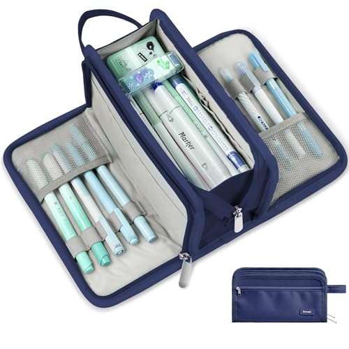Image of Sooez Large Pencil Case, Big Capacity Pencil Pouch Pen Bag with 3 Compartment, Portable Canvas Stationery Organizer with Zipper, Cute Aesthetic School Supplies for Teen Girls Boy College, Navy Blue