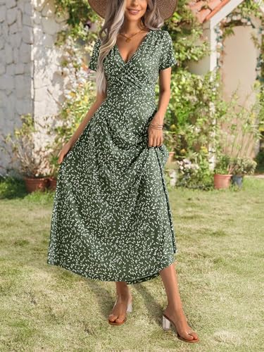 Image of HUHOT Women's Short Sleeve Wrap V Neck Dresses for Wedding Guest Summer Floral Maxi Sundresses with Pockets Boho Dress
