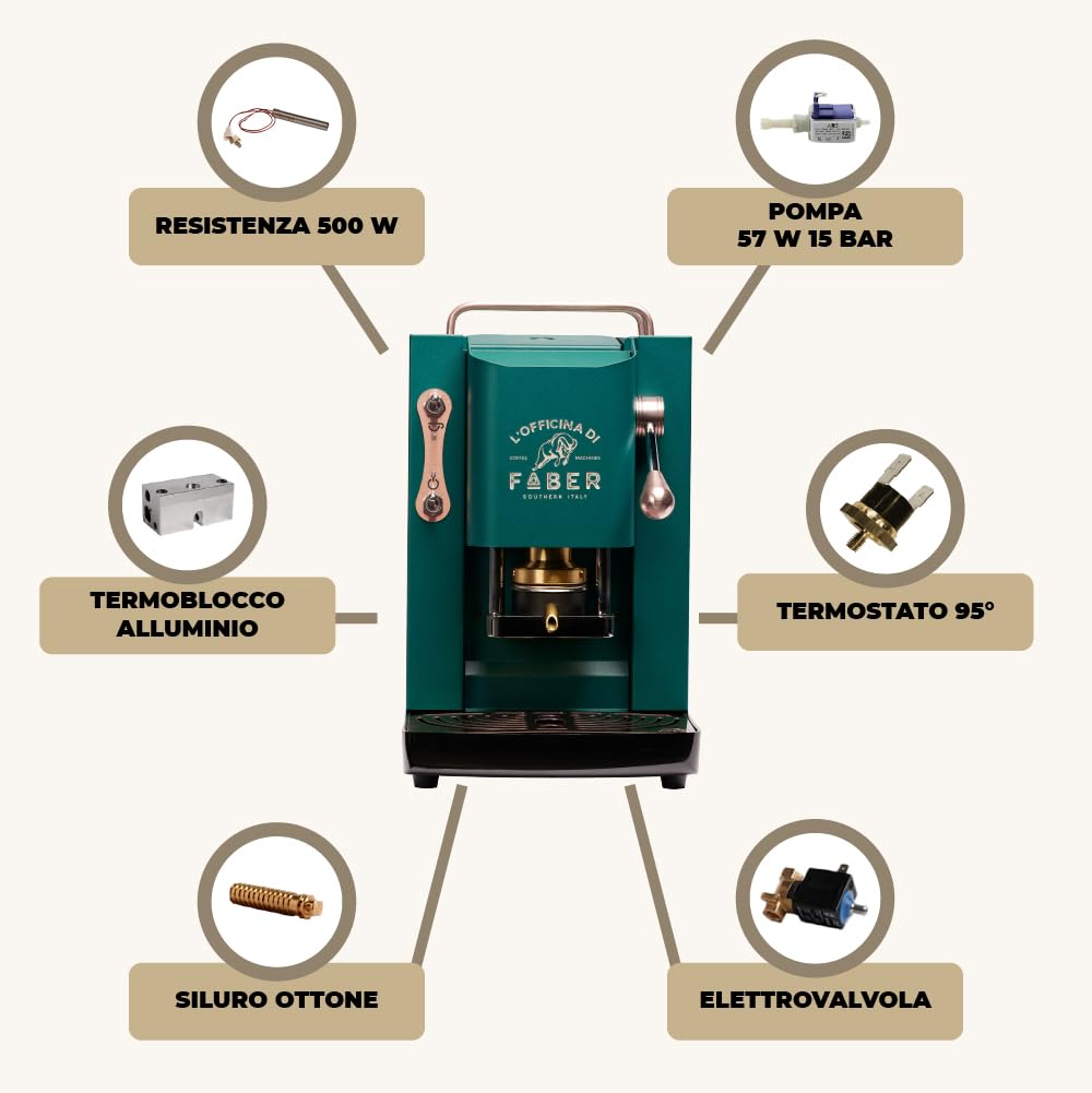 FABER COFFEE MACHINES | Modèle Pro Deluxe | Machine à café à dosettes ese 44mm | finitions Cuivre | Pressacialda en laiton (British Green)