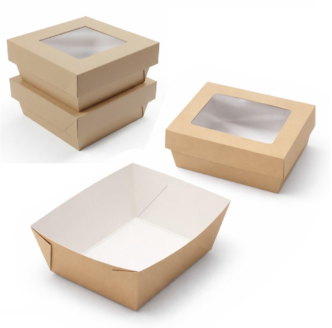 2You Brown 50Pc Takeaway Food Snack Boxes Cardboard Leak Proof Design Lined With Clear Window Lid Kraft Food Containers Disposable Packaging Cartons For Cafe Deli Treats Desserts Cakes Muffins Pasta Chips Wedges