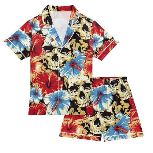 Red Blue Hibiscus Flower Skull Pajamas Set Summer Button Down Sleepwear Pjs Sets Comfy Loungewear