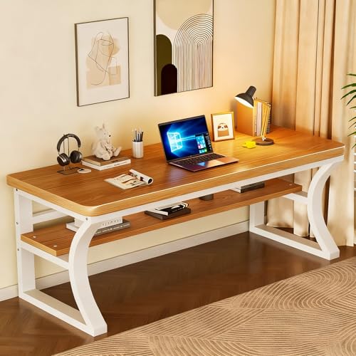 FXLKLUXE パソコンデスク ゲーミングデスク オフィスデスク 30mm厚の無垢材ボード 耐荷重300kg 勉強机 配線孔付き 強化クロスバー 学習机 コンパクト 傷に強く、耐湿性があり、お手入れが簡単 、在宅勤務、 省スペース(木製+白フレーム,14