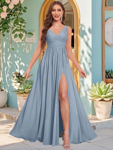 Fu Jiang Women's V Neck Bridesmaid Dresses for Wedding with Slit Chiffon Pleated Formal Evening Gowns3