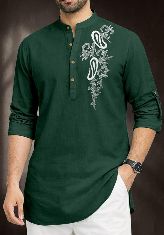 Image of Cotton Blend Self Design Printed Casual Short Kurta for Men Long Sleeve Mandarin Collar Stylish Kurta Shirt for Men