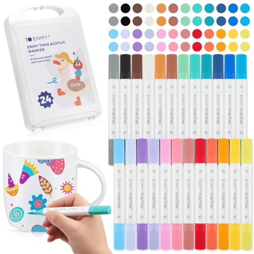 Tenare Feutres pour Porcelaine et Céramique - 24 Couleurs avec Double Pointe, Marqueurs Résistants Lave-Vaisselle pour Tasses, Verre, Bois, Métal - Pointe Fine et Pinceau